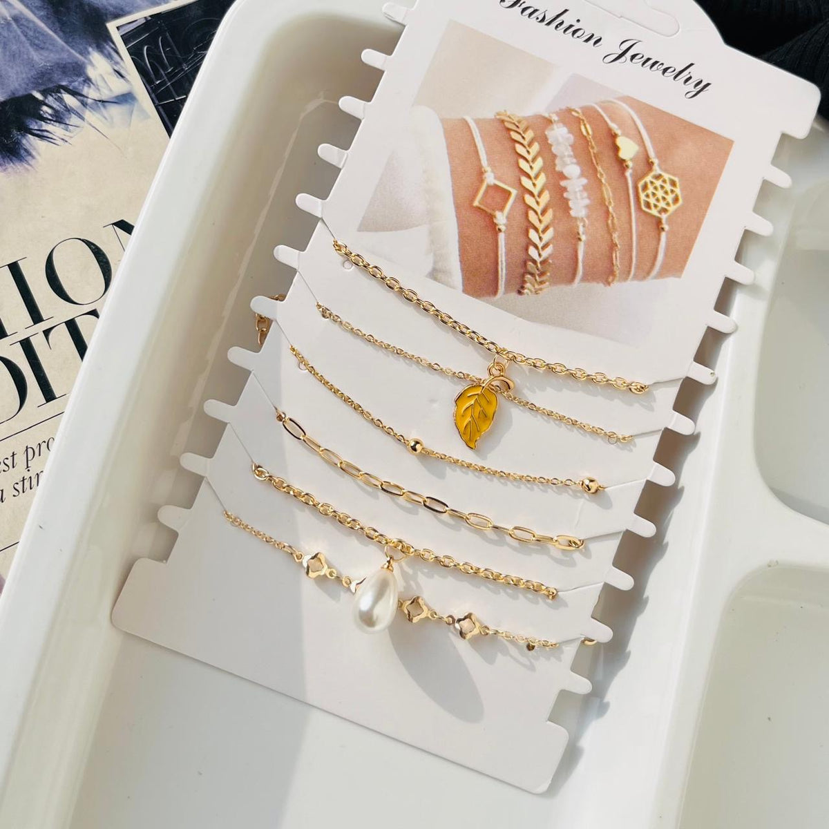 Leaf Pearl Bracelet Stack ( 6 Bracelets )
