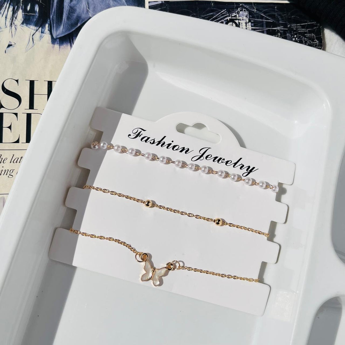 Golden Butterfly Pearl Bracelet Stack