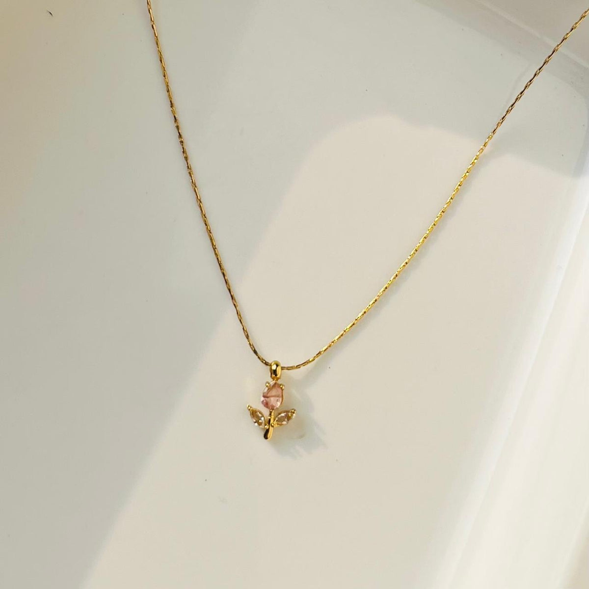 Very Small Pink Tulip Necklace ~ Anti Tarnish