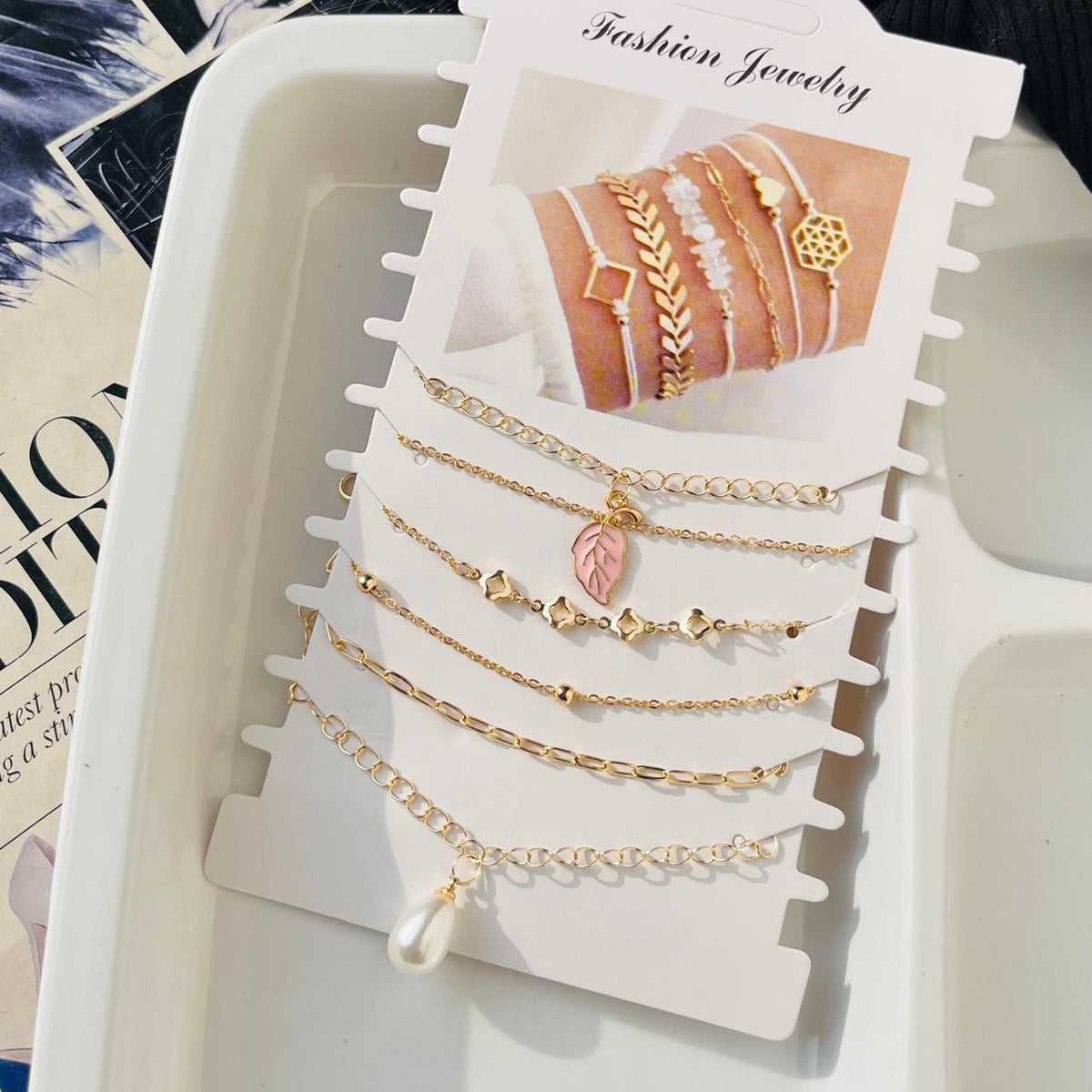 Pink Leaf Pearl Bracelet Stack ( 6 Bracelets )