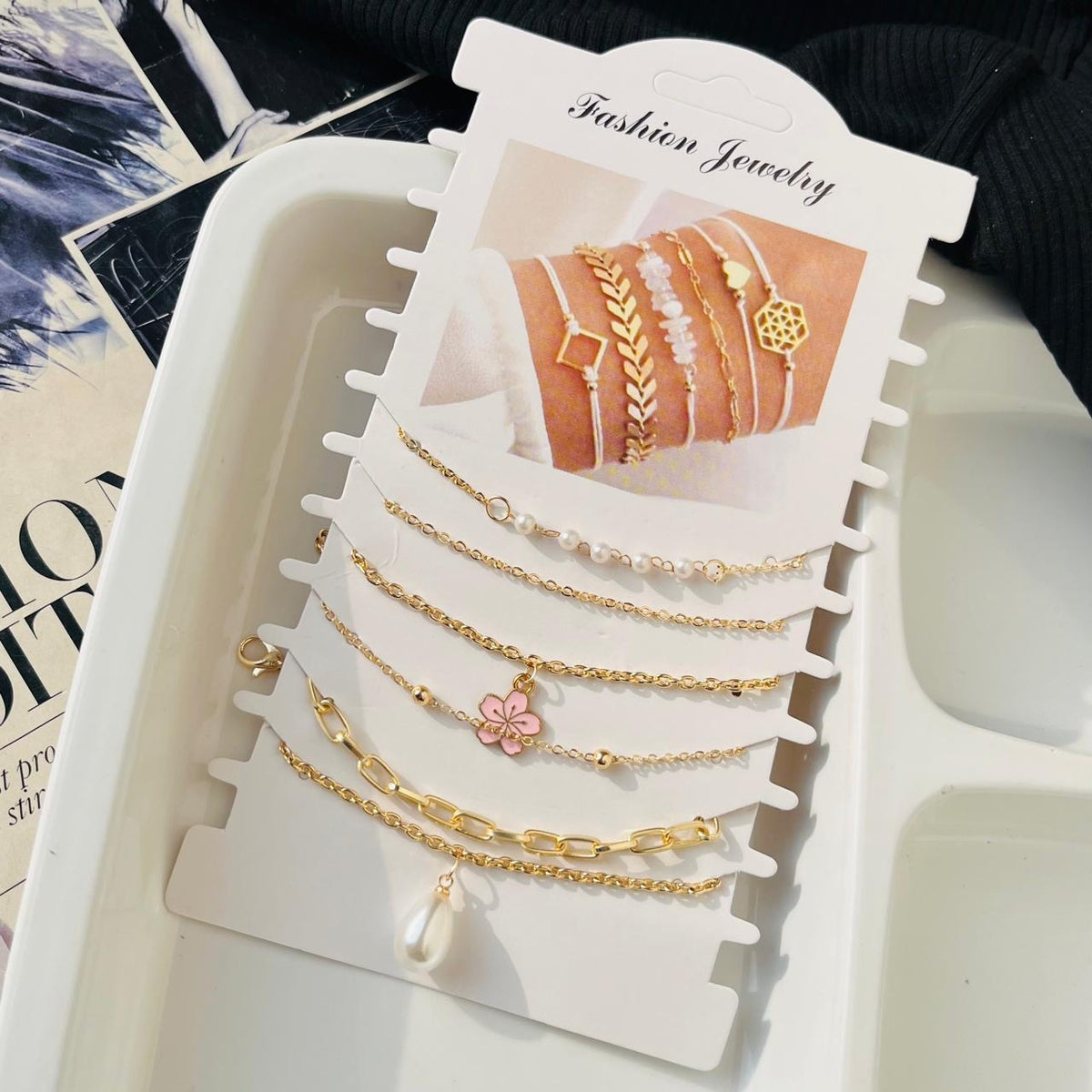 Pink Daisy Pearl Bracelet Stack ( 6 Bracelets )