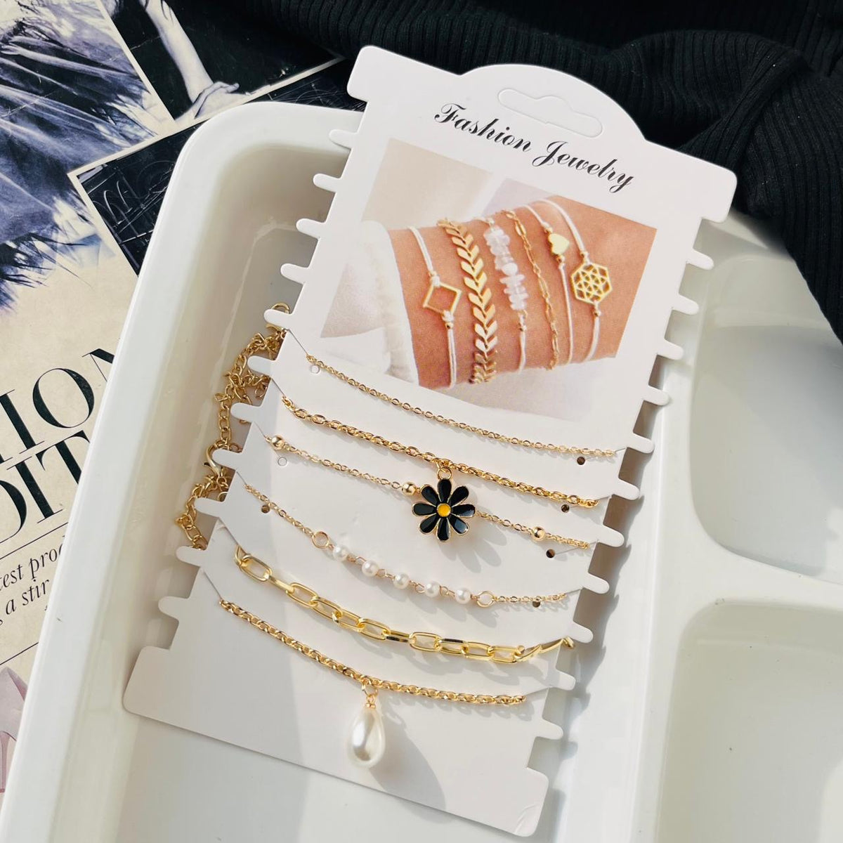 Black Daisy Pearl Bracelet Stack ( 6 Bracelets )