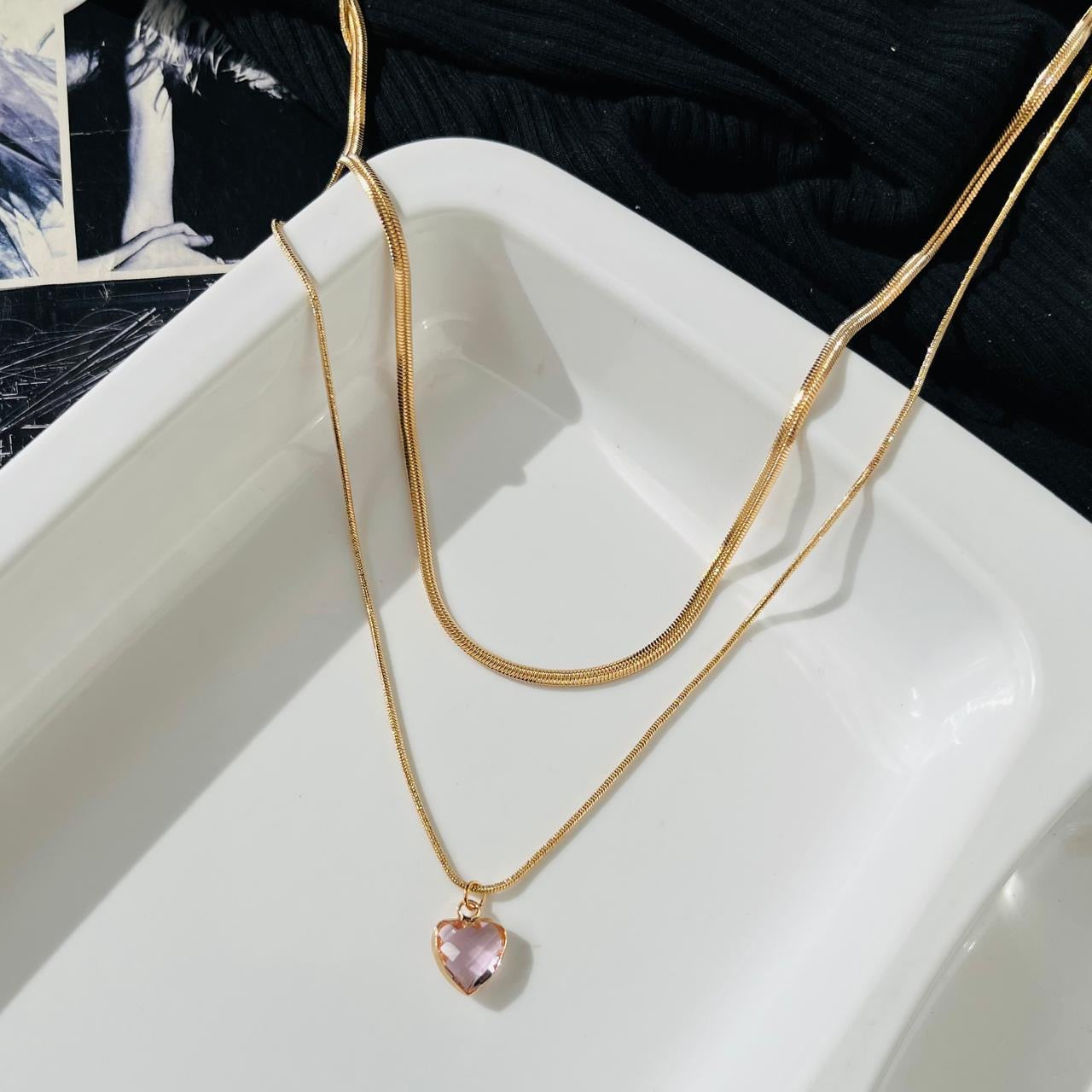 2 Layered Pink Heart Diamond Necklace