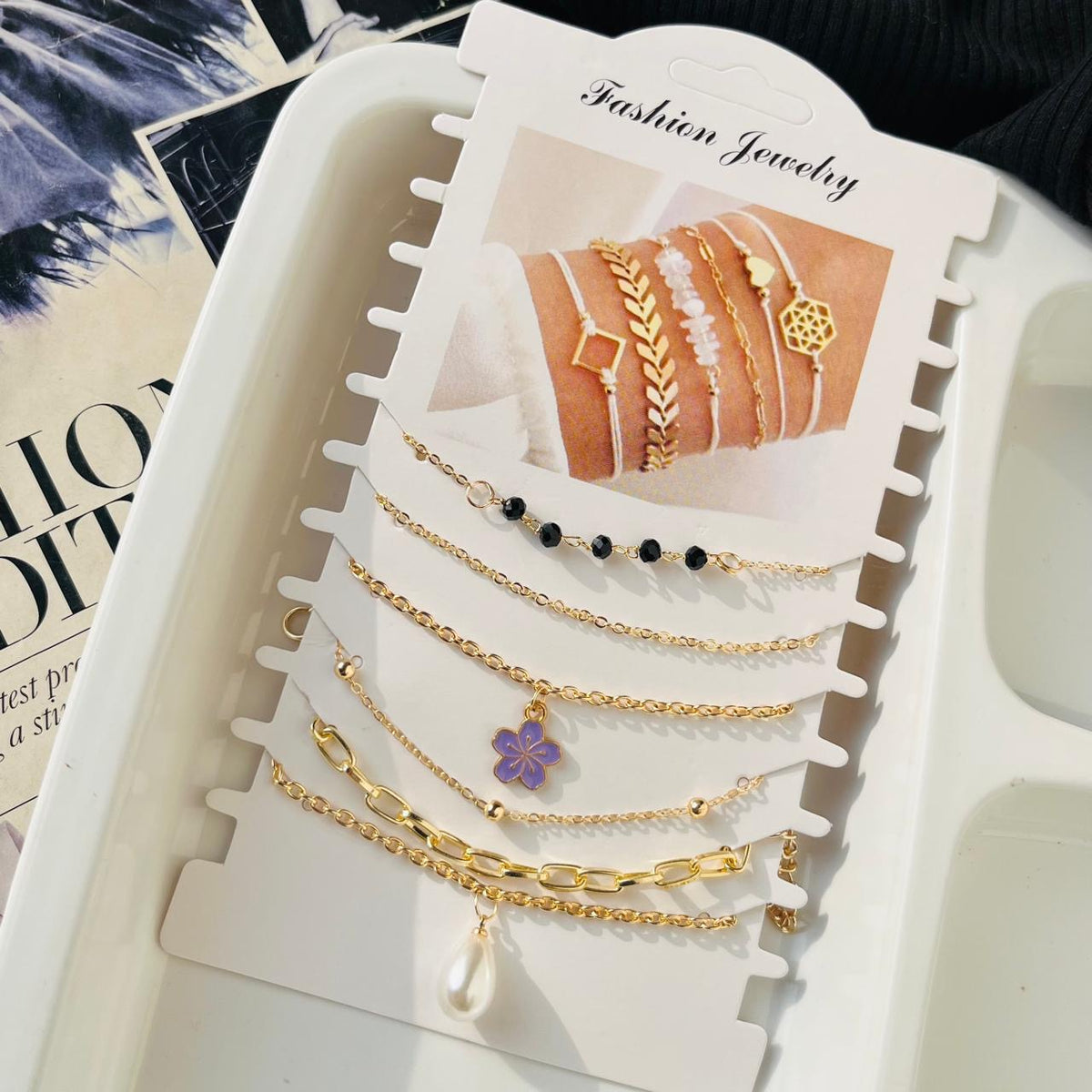 Purple Daisy Pearl Bracelet Stack ( 6 Bracelets )