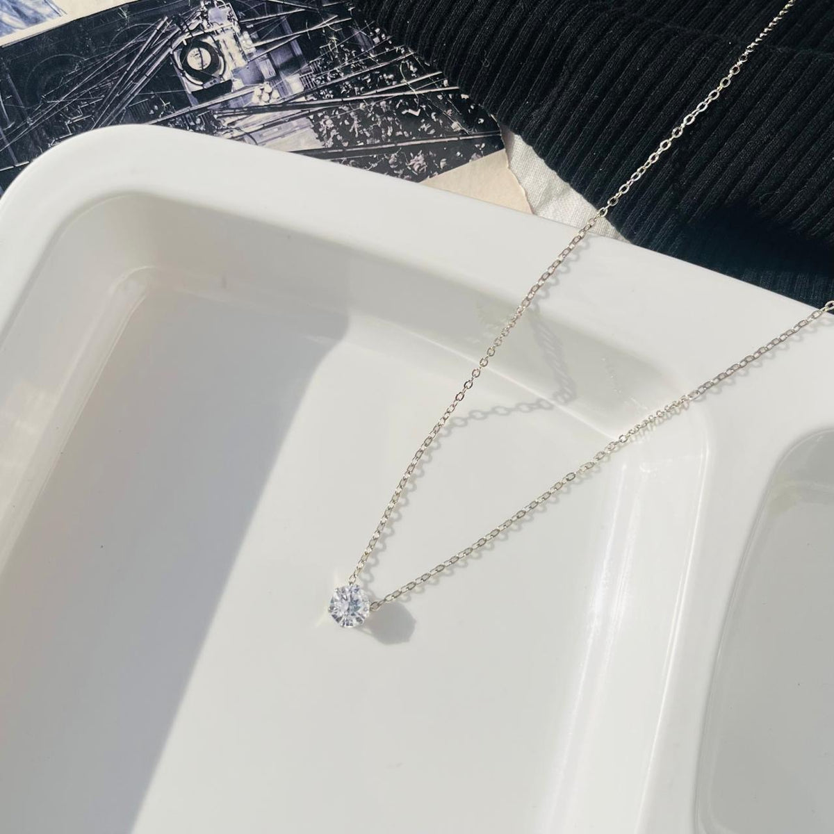 Single Diamond Silver Necklace