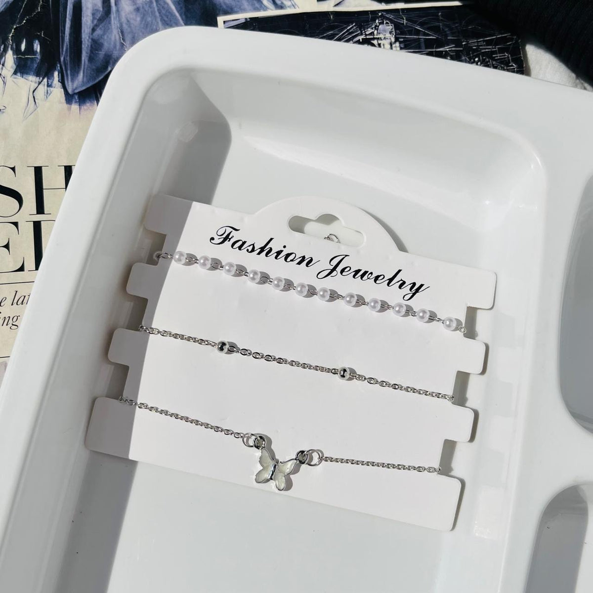 Silver Butterfly Pearl Bracelet Stack