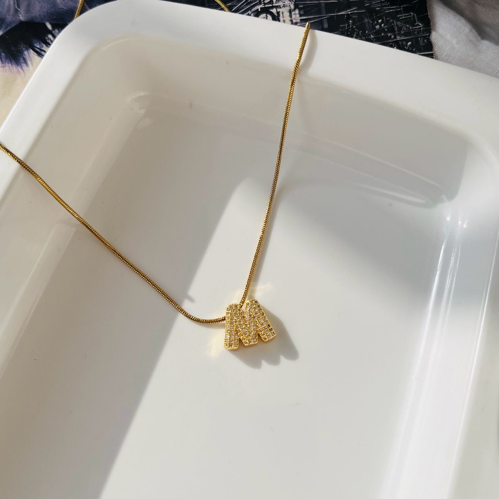 M Initial Diamond Necklace ~ Anti Tarnish