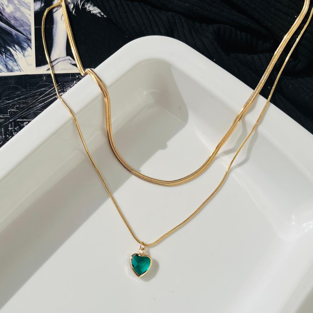 2 layered Green Heart Diamond Necklace