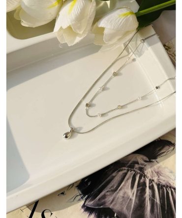 Two Layer Pearl Drop Necklace~ Silver