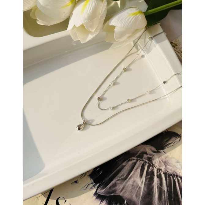 Two Layer Pearl Drop Necklace~ Silver