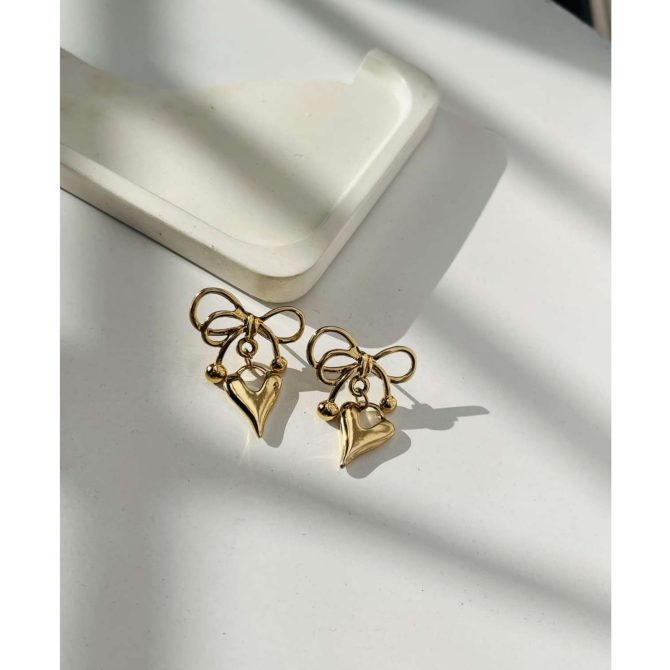 Golden Bow Heart Earrings