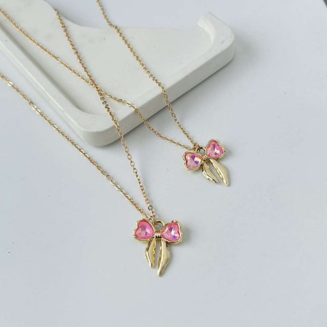 Crystal Pink Bow Necklace