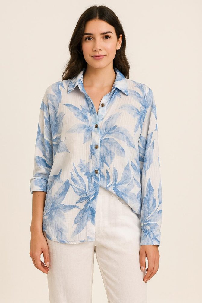 Blue Floral Oversized Linen Cotton Shirt - Image 2