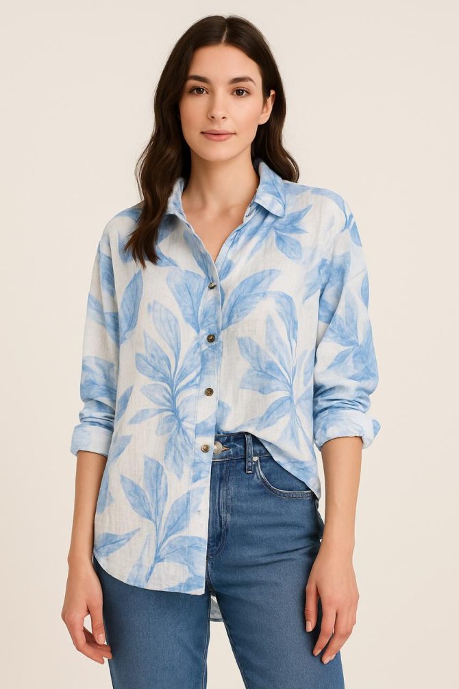 Blue Floral Oversized Linen Cotton Shirt - Image 3