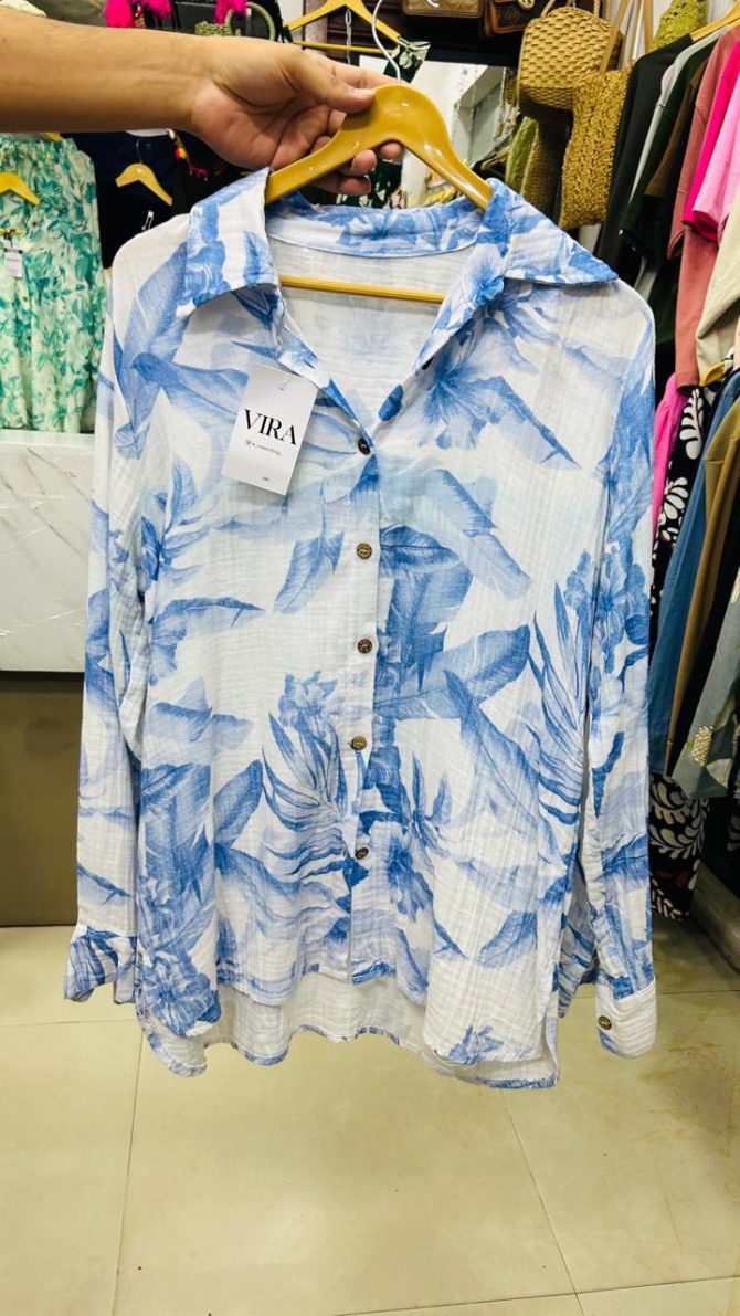Blue Floral Oversized Linen Cotton Shirt - Image 5