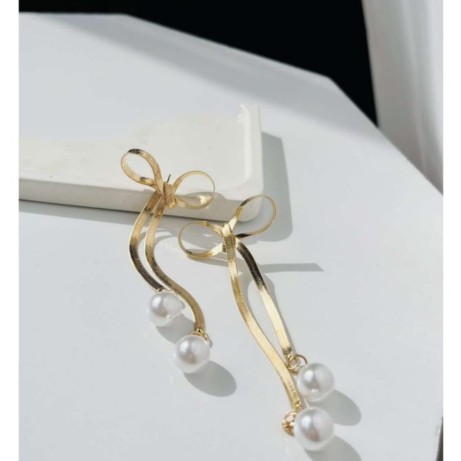 Elongated Bow Pearl Earrings