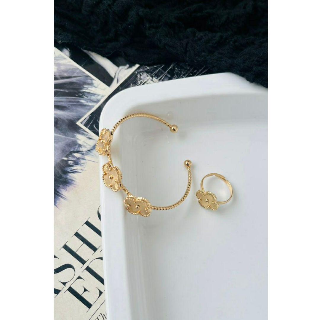 Golden Clover Ring Bracelet Combo