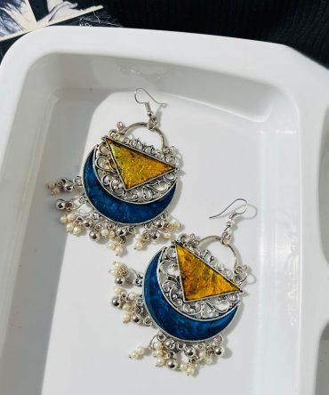 Yellow Blue Chandbali Jhumkas